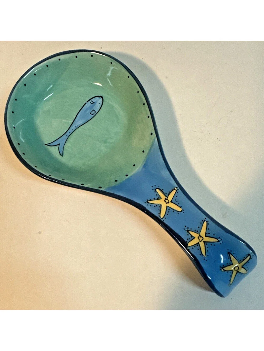Brushes Hand Painted K.I.C.  Ocean Fish Starfish Blue /Green Tile and Spoon rest